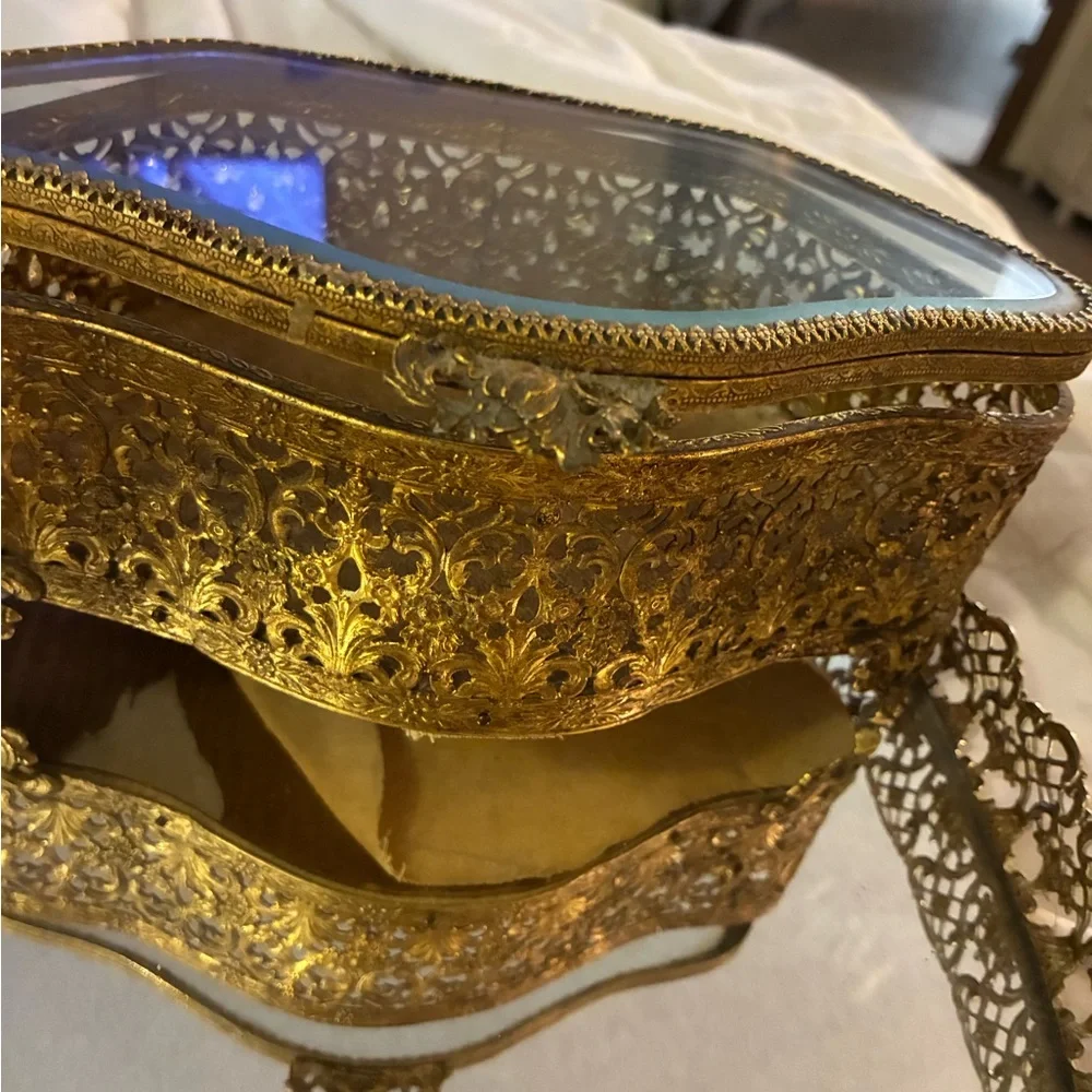 Vtg Gold Metal & Glass Footed Jewelry Box Hinged vanity W Smaller Box & Mirror